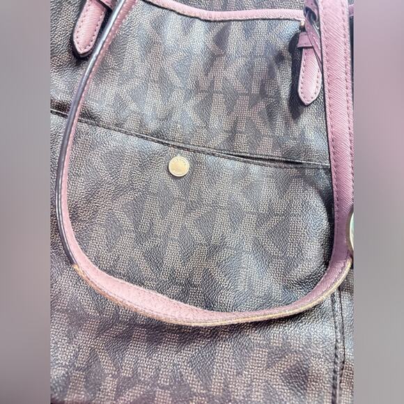 MICHAEL KORS Brown Monogram Jet Set Pocket Tote w/ Pink Leather Straps - Picture 2 of 8